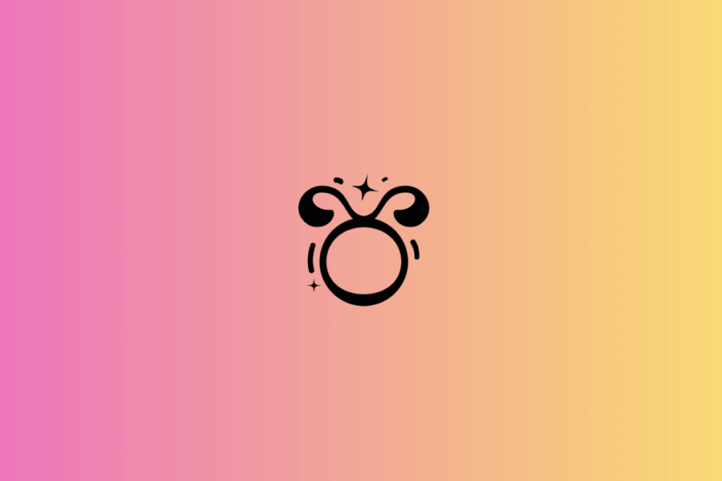 Ilustração do signo de Touro em preto, centralizada sobre um fundo em degradê rosa, pêssego e amarelo-claro. O símbolo é formado por um círculo na parte inferior e duas linhas curvas que se projetam para cima, lembrando a cabeça de um touro com chifres. Pequenas estrelas e traços curtos complementam a composição.