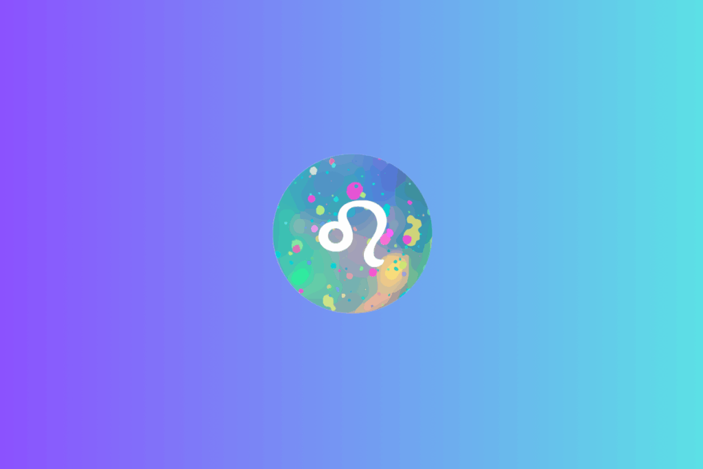 Símbolo do signo de Leão, em branco, formado por uma curva arredondada na parte superior, ligada a um traço que desce e termina em uma pequena volta. O desenho aparece no centro de um círculo com manchas e pontos coloridos em tons de azul, turquesa, verde, rosa, amarelo e roxo. O fundo apresenta um degradê horizontal que vai do roxo ao azul-claro e turquesa.