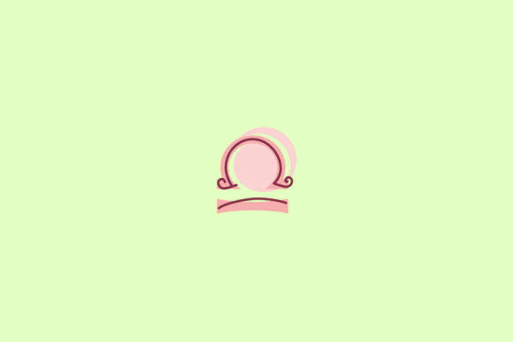 Símbolo do signo de Libra, em vinho escuro com detalhes rosa, sobre uma forma rosa-clara. O desenho mostra um arco arredondado sobre uma linha horizontal, acompanhado de outra linha horizontal curva abaixo. O fundo é verde-claro pastel uniforme.
