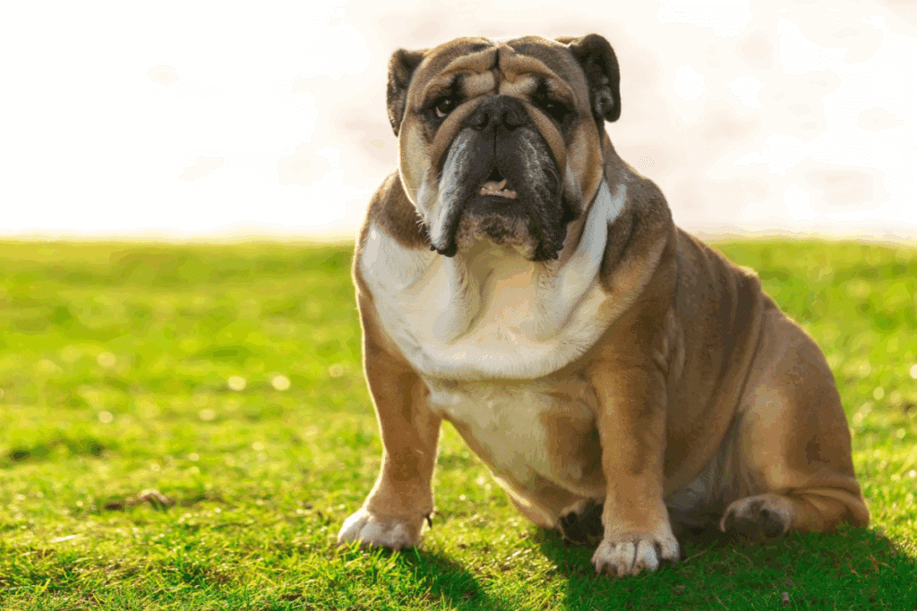 Cão da raça Buldogue Inglês de pelagem castanha e branca sentado na grama em um dia ensolarado. O cão está voltado para a frente, mostrando o peito largo e dobras no rosto.