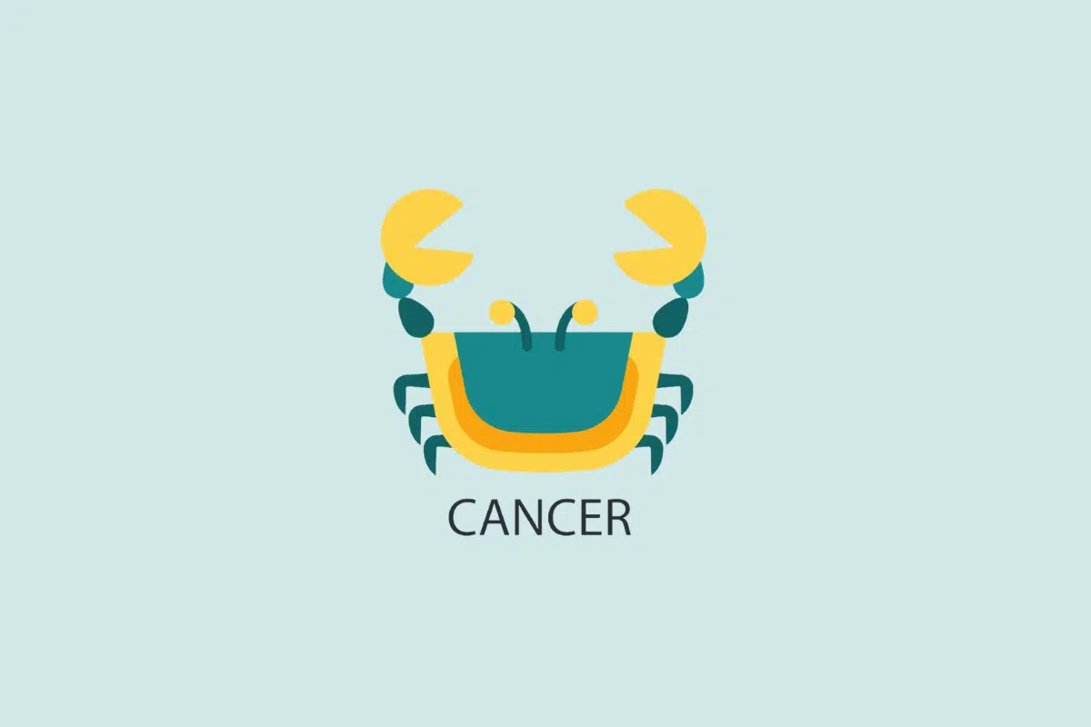 Ilustração vetorial em estilo plano de um caranguejo estilizado em tons de azul e amarelo, sobre um fundo azul-claro com a palavra "CANCER" escrita abaixo.