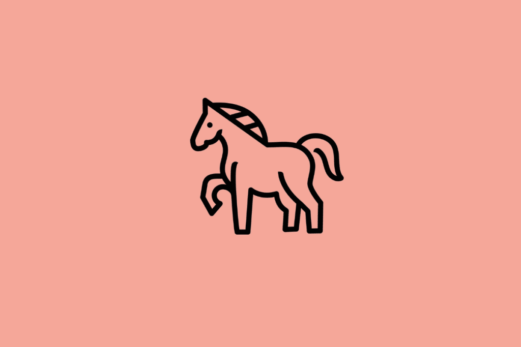 Ícone de um cavalo em linhas pretas sobre um fundo em tom salmão