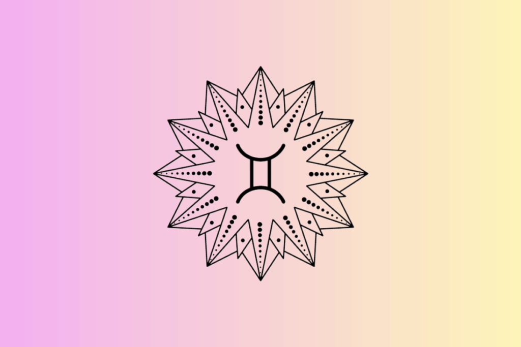 Ilustração com fundo em degradê do rosa para o amarelo, contendo ao centro um sol geométrico estilizado em preto e branco, com o símbolo do signo de Gêmeos no meio.