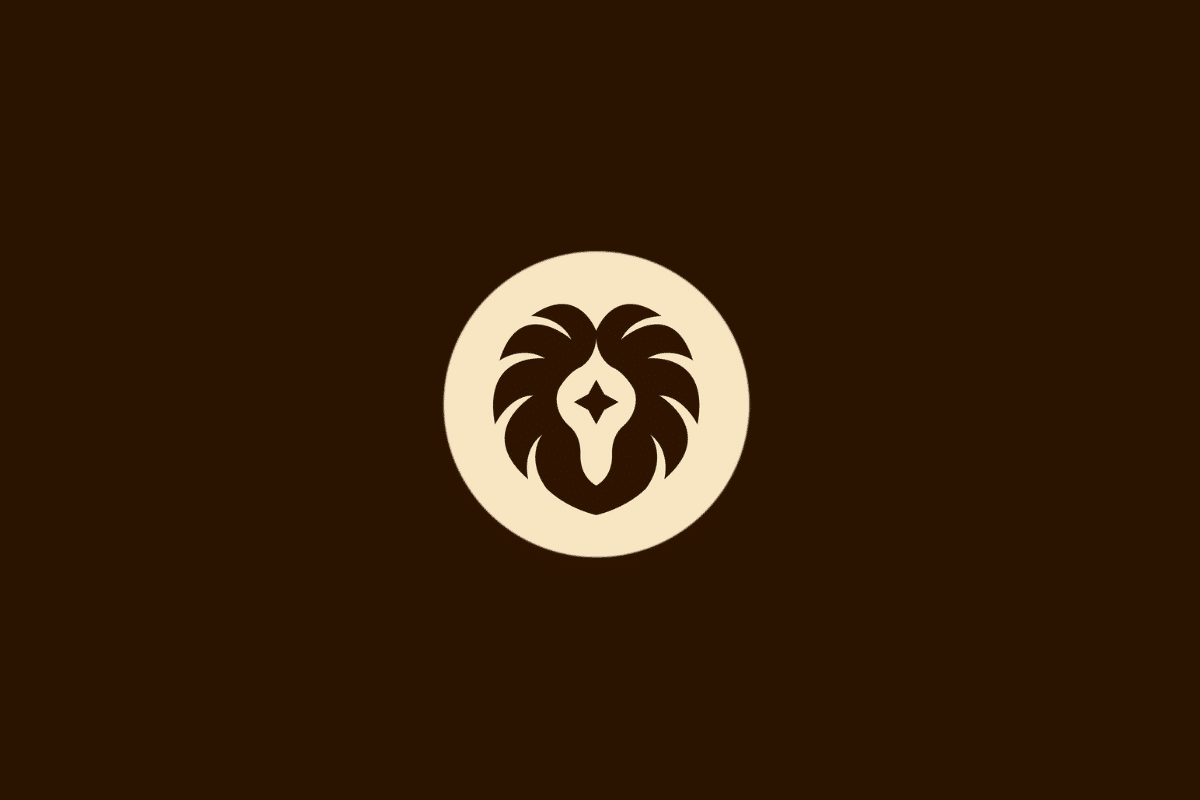 Ilustração vetorial do signo de Leão, representada pela juba estilizada de um leão com uma estrela de quatro pontas no centro, dentro de um círculo bege sobre fundo marrom.