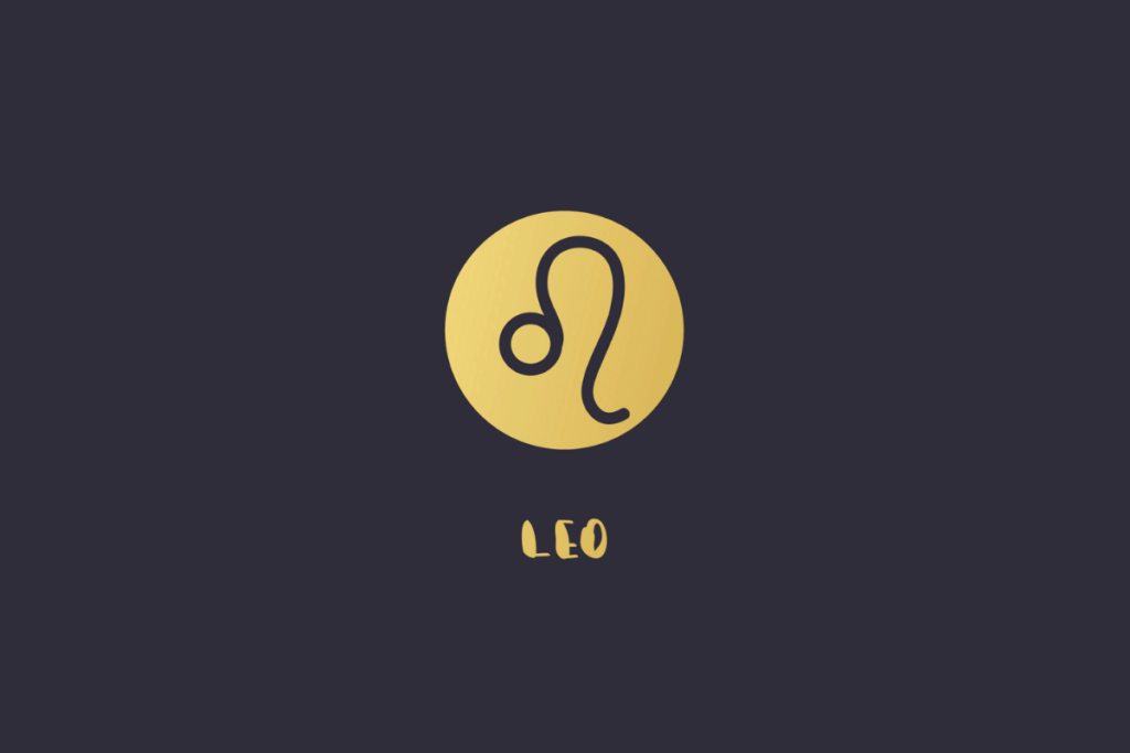 Fundo escuro com o símbolo do signo de Leão em formato de crina e cauda pretas dentro de um círculo amarelo, acompanhado pela palavra "LEO" em amarelo abaixo.