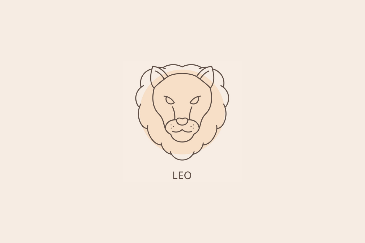 Ilustração em linhas finas da cabeça de um leão com sua juba, com um círculo bege ao fundo e a palavra "LEO" abaixo.