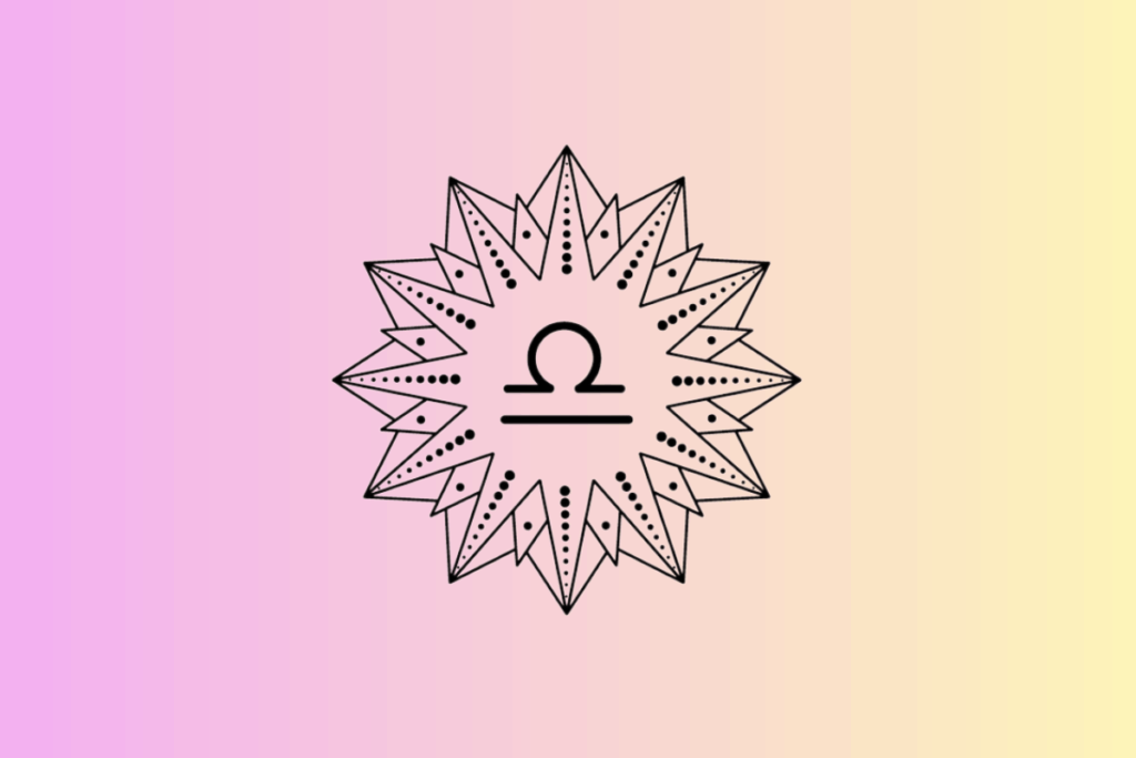 Ilustração com fundo em degradê do rosa para o amarelo, contendo ao centro um sol geométrico estilizado em preto e branco, com o símbolo do signo de Libra no meio.