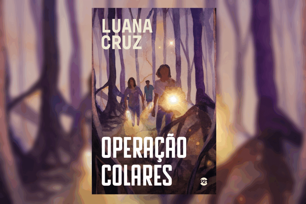 Capa do livro "Operação Colares", de Luana Cruz, mostrando uma ilustração em tons de roxo de pessoas caminhando por uma floresta escura iluminadas por uma luz forte entre as árvores.