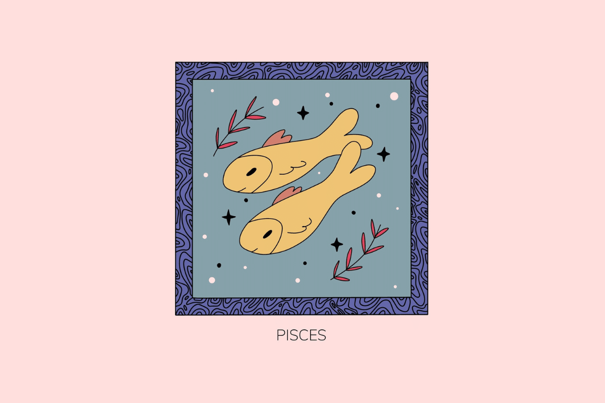Ilustração estilizada do signo de Peixes, retratando dois peixes amarelos nadando em posições opostas acompanhados de estrelas e ramos, em moldura roxa com fundo azul e a palavra "Pisces" abaixo.