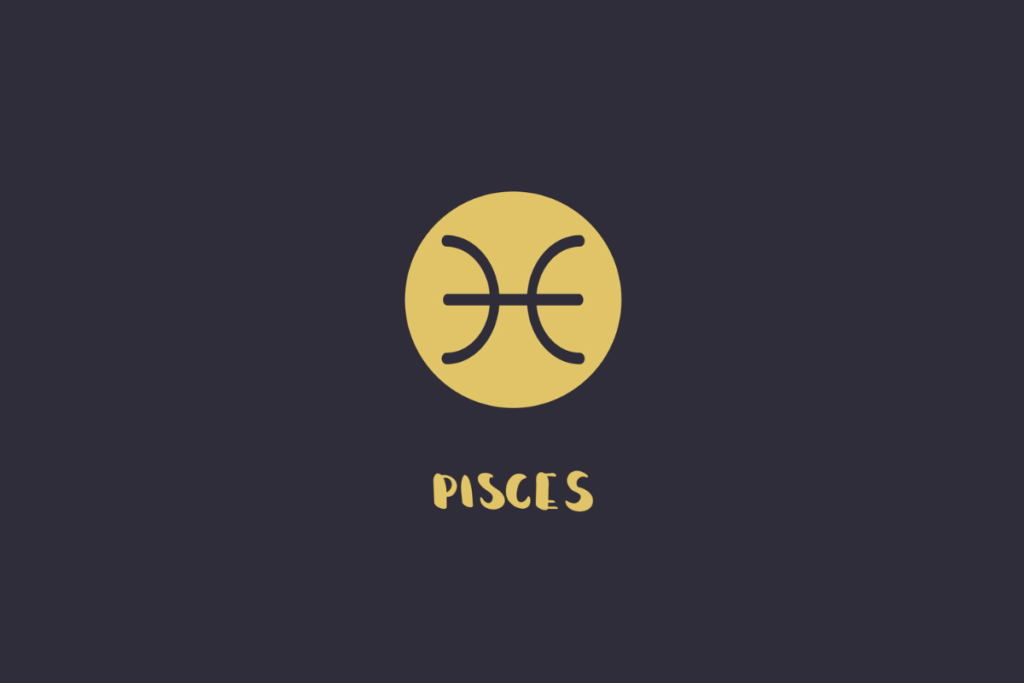 Fundo escuro com o símbolo do signo de Peixes em formato de dois peixes pretos interligados dentro de um círculo amarelo, acompanhado pela palavra "PISCES" em amarelo abaixo.