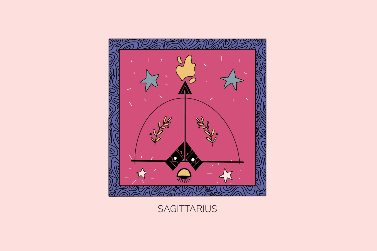 Ilustração estilizada do signo de Sagitário, apresentando um arco e flecha com detalhes geométricos e estrelas, em moldura roxa com fundo rosa e a palavra "Sagittarius" abaixo.