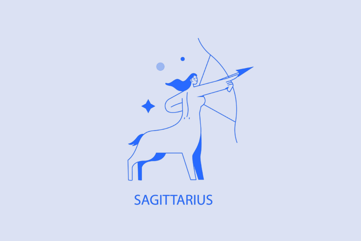 Ilustração minimalista em tons de azul e branco representando o signo de Sagitário. Mostra a figura de um centauro segurando um arco e apontando uma flecha, acompanhado de pequenos pontos e uma estrela ao fundo. Na parte inferior, está escrita a palavra "SAGITTARIUS" em letras maiúsculas azul-escuro.