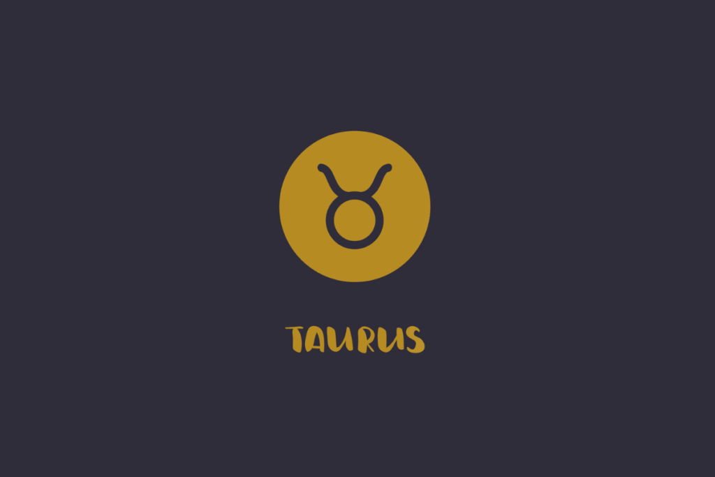 Fundo escuro com o símbolo do signo de Touro em formato de cabeça de touro preta estilizada dentro de um círculo amarelo, acompanhado pela palavra "TAURUS" em amarelo abaixo.