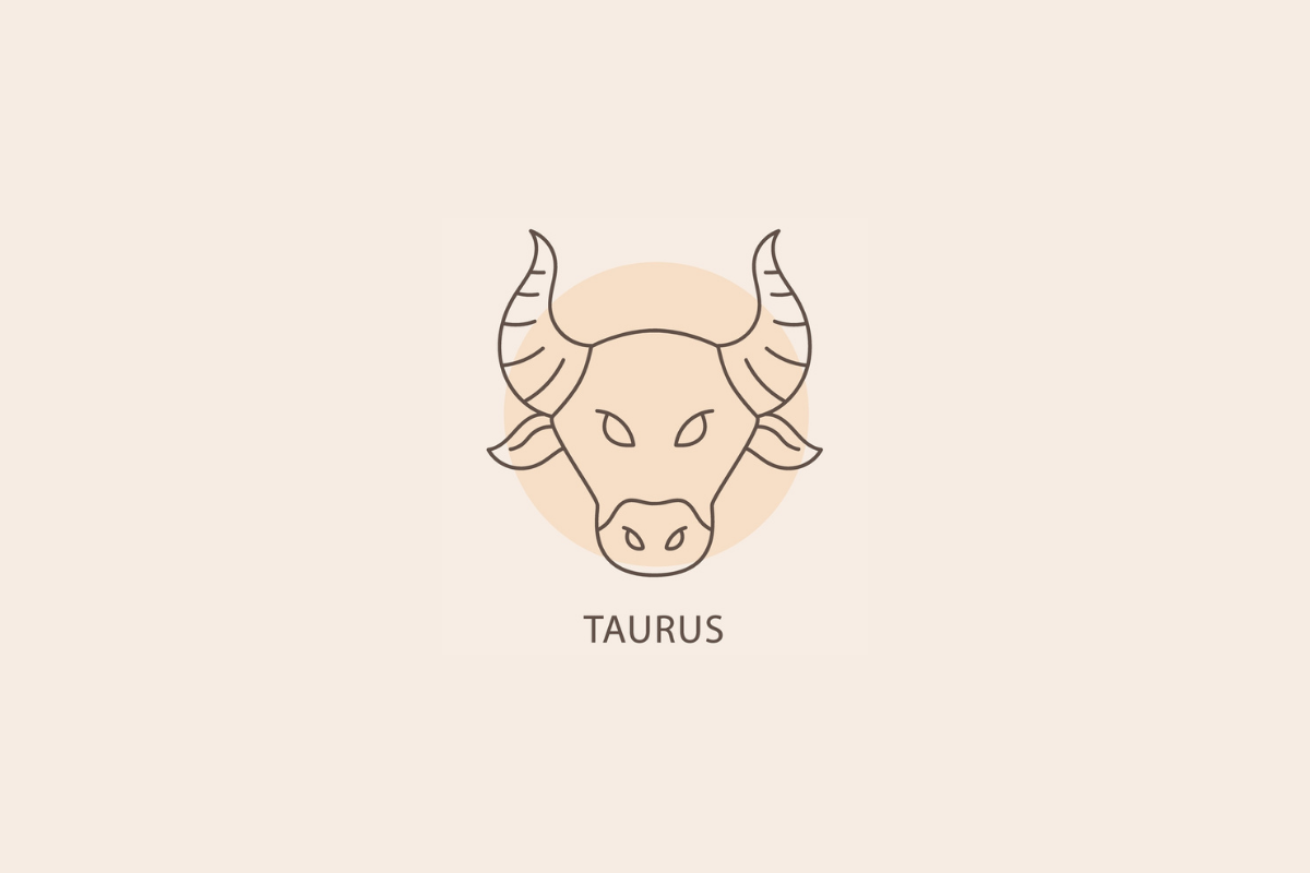 Ilustração em linhas finas da cabeça de um touro com chifres pontiagudos curvados, com um círculo bege ao fundo e a palavra "TAURUS" abaixo.