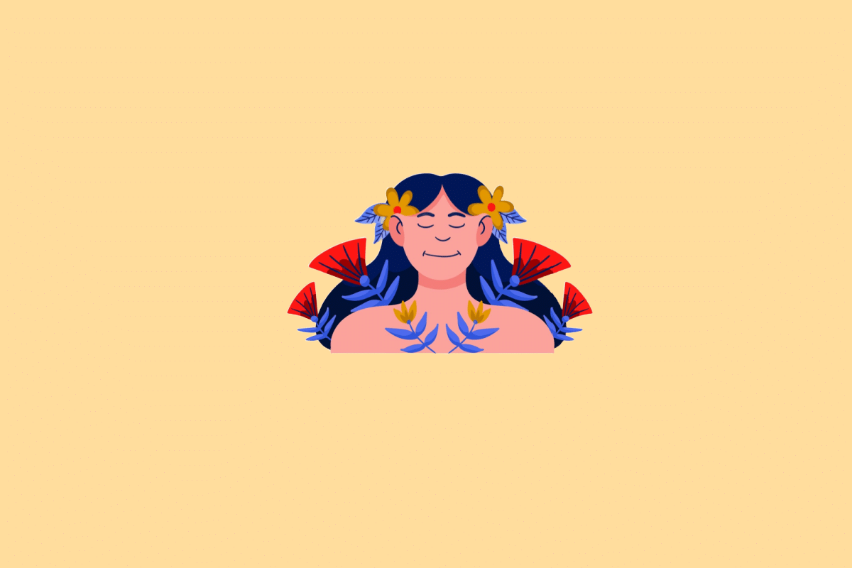 Ilustração estilizada do signo de Virgem. No centro, o busto de uma mulher de cabelos longos e azuis com os olhos fechados e uma expressão serena, adornada com flores amarelas no cabelo e flores vermelhas ao redor dos ombros. O fundo é de cor amarela clara uniforme.