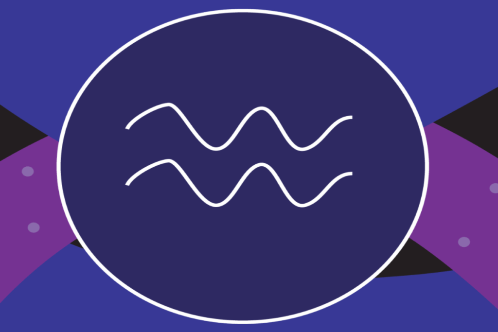 Ilustração do símbolo de Áries em linhas brancas, centralizado dentro de um grande círculo azul-escuro. O fundo combina formas abstratas em azul, roxo e preto, com pequenos pontos lilás.