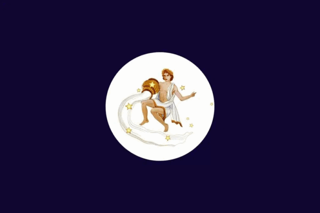 Ilustração do signo de Aquário, representado por uma figura masculina de cabelos avermelhados, vestindo um tecido branco e segurando um jarro dourado de onde escorre água. Pequenas estrelas decoram o círculo branco, sobre um fundo roxo-escuro.