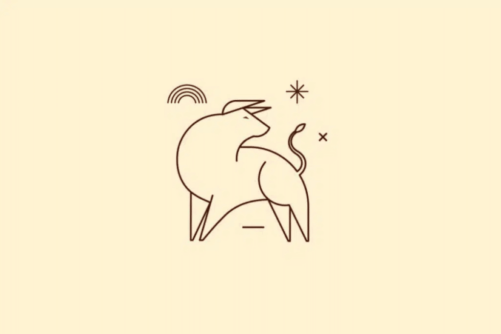 Ilustração minimalista de um boi em pé, desenhado com linhas finas em marrom-escuro sobre um fundo bege-claro. O animal apresenta corpo robusto, chifres pontiagudos, patas alongadas e cauda fina e curvada. Estrelas e elementos geométricos decoram a composição.