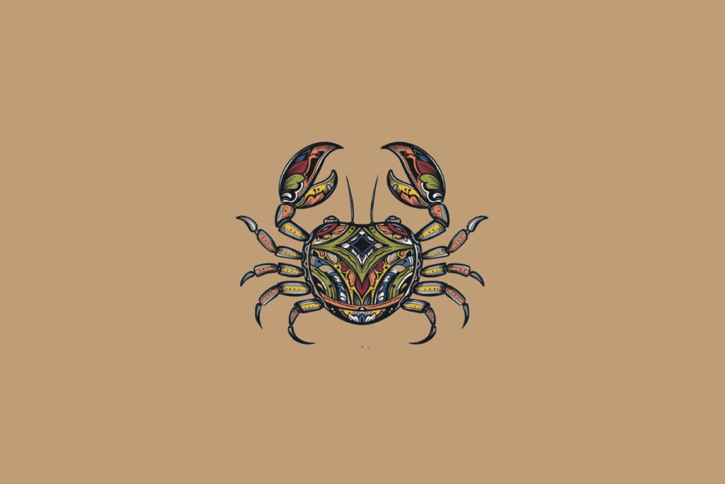 Ilustração do símbolo do signo de Câncer, representado por um caranguejo em estilo artístico e colorido, com detalhes decorativos sobre fundo bege.
