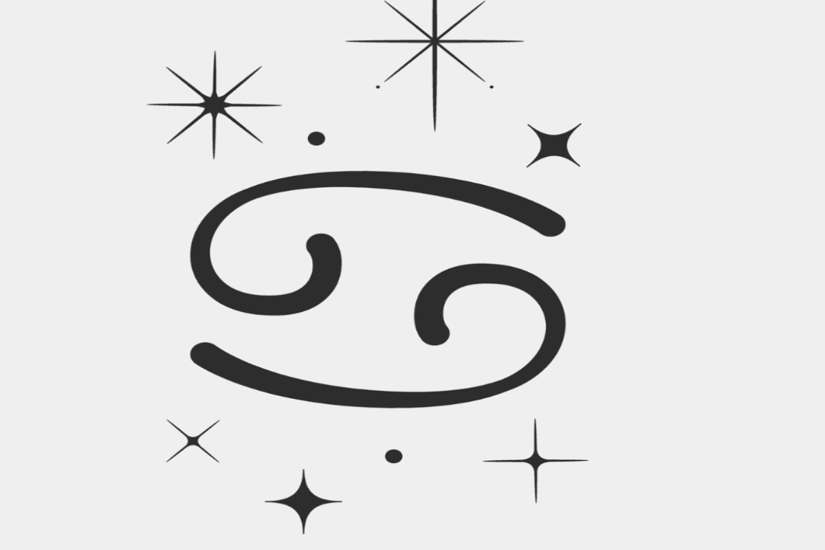 Imagem com fundo cinza-claro, apresentando o símbolo astrológico do signo de Câncer em preto, formado por duas linhas curvas opostas, com extremidades enroladas, lembrando o número 69 na horizontal. Ao redor, aparecem estrelas de diferentes tamanhos e pequenos pontos pretos.