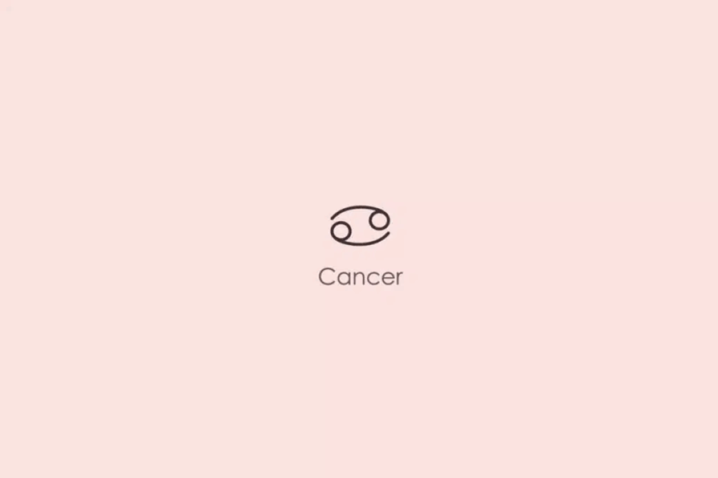 Ilustração minimalista do símbolo astrológico do signo de Câncer, formado por duas curvas opostas com pequenos círculos nas extremidades, em tom escuro. Abaixo, aparece a palavra “Cancer”, em inglês. O fundo é rosa-claro.