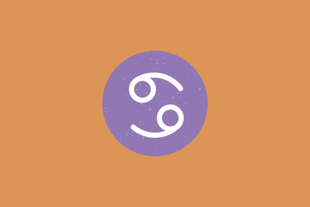 Símbolo do signo de Câncer em branco centralizado em um círculo roxo com fundo alaranjado