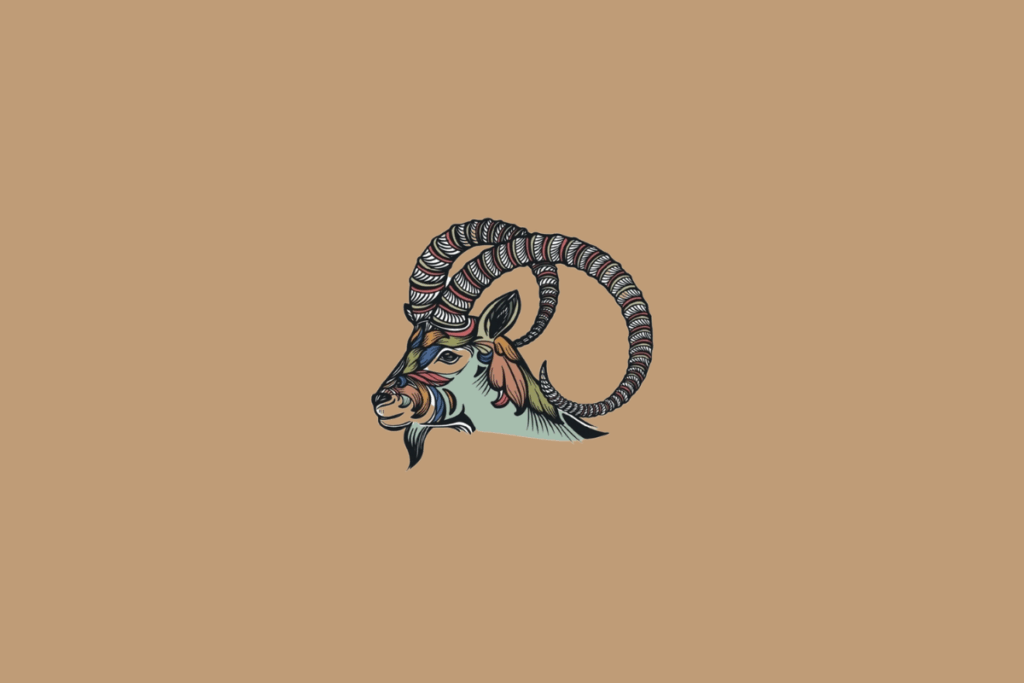 Ilustração do símbolo do signo de Capricórnio, representado por uma cabra de perfil, com chifres longos e detalhes coloridos em estilo artístico sobre fundo bege.