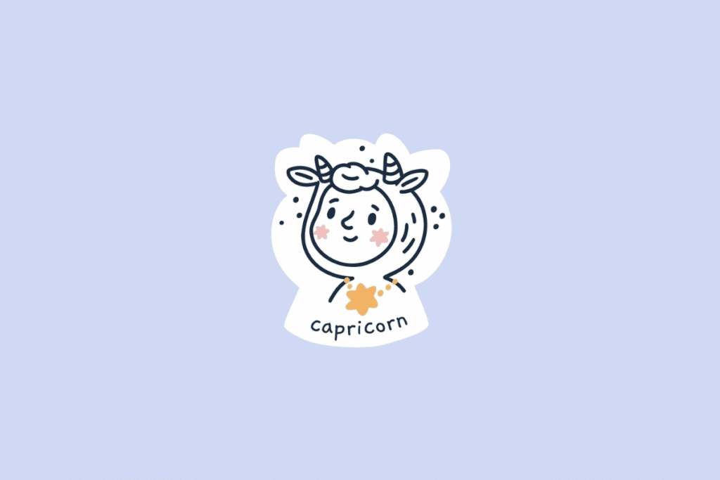 Ilustração infantil de uma criança com capuz inspirado em um animal com chifres, flores e detalhes decorativos, representando o signo de Capricórnio sobre fundo roxo-claro.