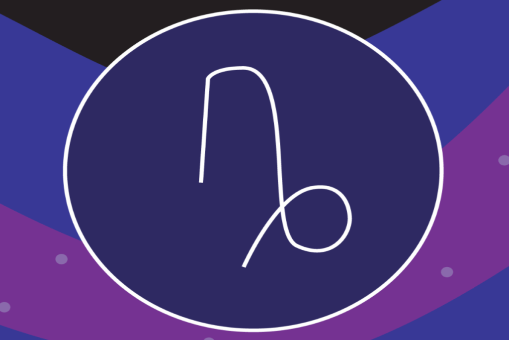 Ilustração do símbolo de Áries em linhas brancas, centralizado dentro de um grande círculo azul-escuro. O fundo combina formas abstratas em azul, roxo e preto, com pequenos pontos lilás.