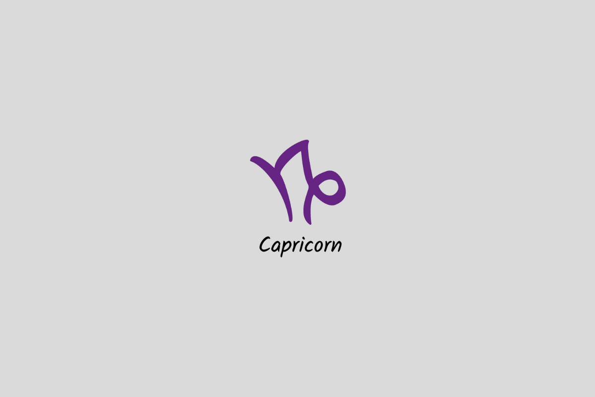 Ilustração do signo de Capricórnio em roxo, com o nome abaixo, centralizada sobre um fundo cinza-claro