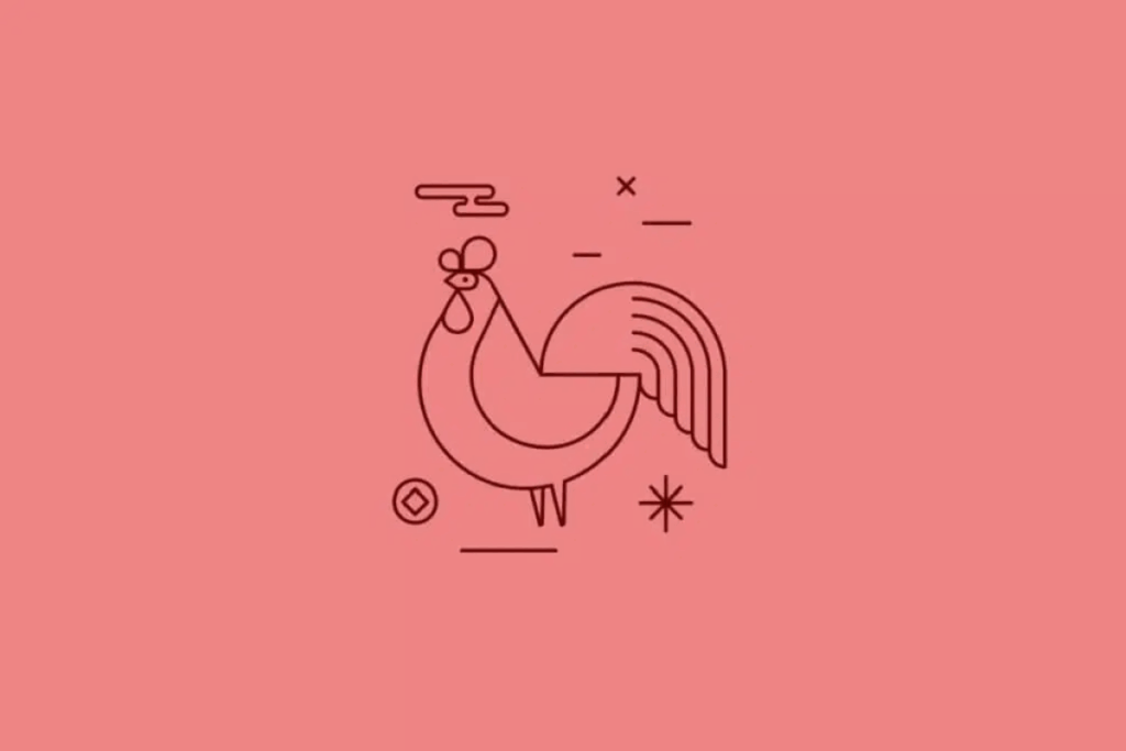 Ilustração minimalista de um galo visto de perfil, desenhado com linhas finas em marrom-escuro sobre um fundo rosa. O animal apresenta crista arredondada, bico pequeno, corpo curvado e cauda formada por linhas arqueadas. Símbolos geométricos complementam a imagem.