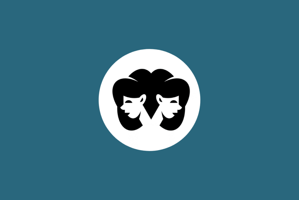 Ilustração minimalista em preto do signo de Gêmeos, representado por dois rostos, dentro de um círculo branco sobre fundo azul-petróleo
