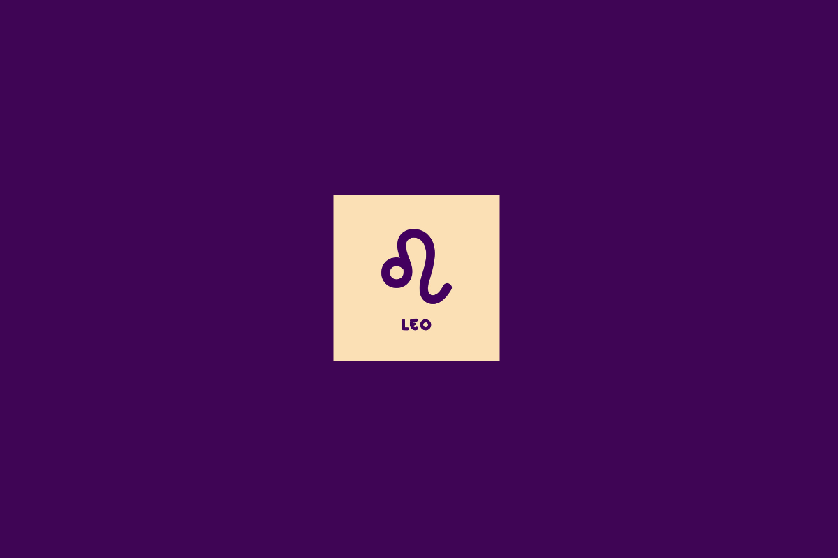 Ilustração do signo de leão dentro de um quadrado bege-claro e centralizado em fundo roxo-escuro