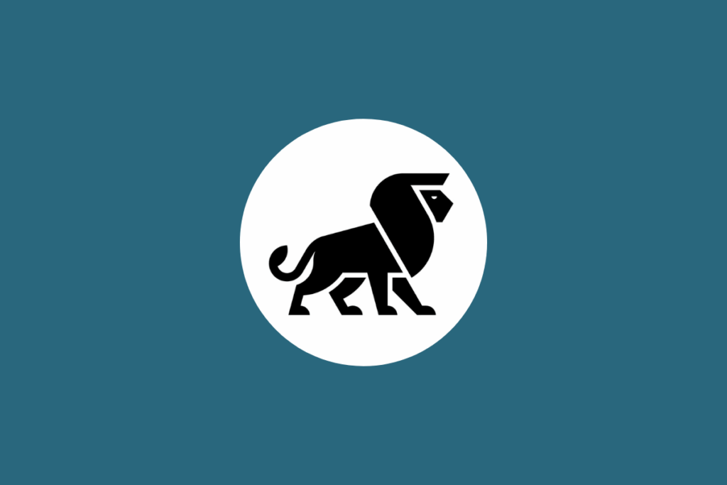 Ilustração minimalista em preto do signo de Leão, representado por um leão, dentro de um círculo branco sobre fundo azul-petróleo