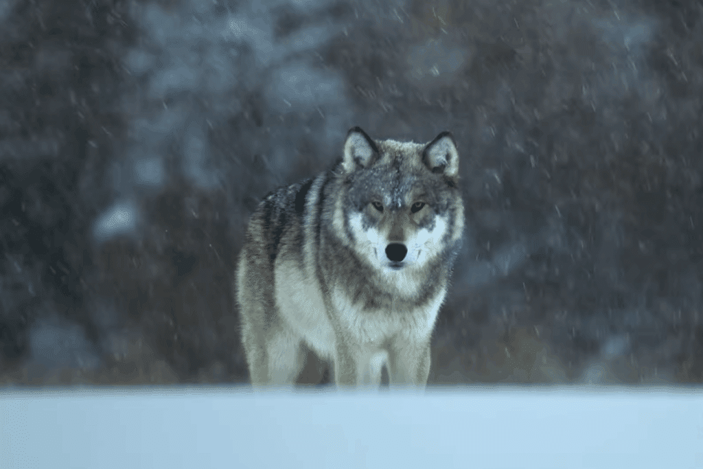Lobo-cinzento parado sobre a neve, olhando diretamente para a câmera, enquanto flocos de neve caem. Ao fundo há uma floresta desfocada em tons de marrom e cinza.