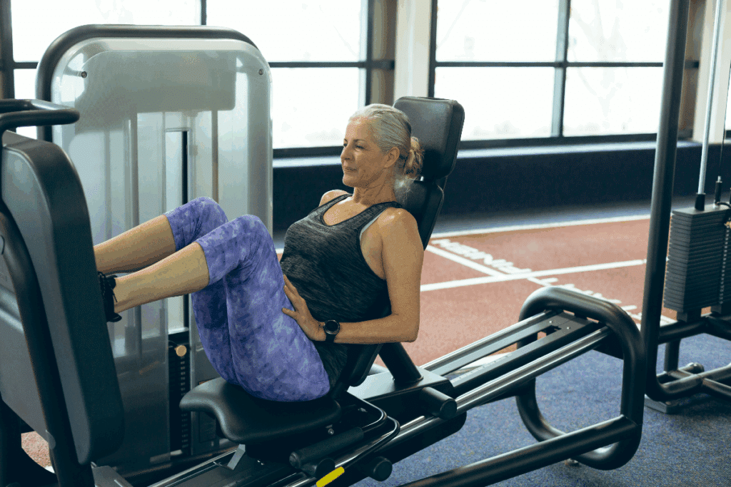 Uma mulher idosa está sentada em um aparelho de musculação, realizando um exercício para as pernas. Ela tem cabelos grisalhos presos em um coque baixo e veste uma regata preta e calça legging roxa estampada. No pulso esquerdo, usa um relógio esportivo preto.