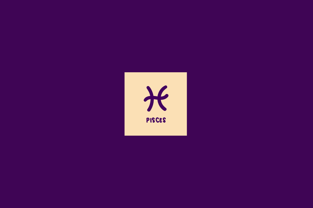 Ilustração do signo de peixes dentro de um quadrado bege-claro e centralizado em fundo roxo-escuro