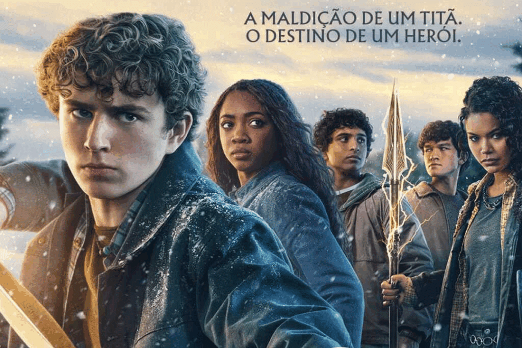 Pôster da série “Percy Jackson e os Olimpianos”, com cinco jovens lado a lado em um cenário nevado ao entardecer. À frente, um rapaz de cabelos cacheados e jaqueta azul olha sério para a câmera. Atrás dele estão os outros personagens, um deles segurando uma lança dourada com raios.