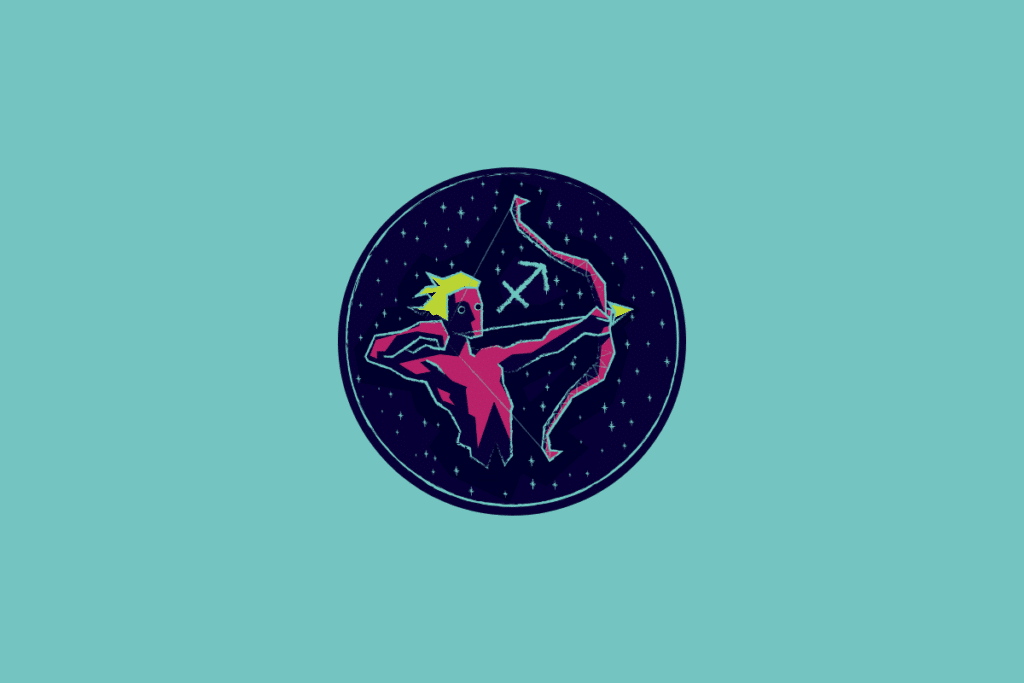 Ilustração num círculo azul-escuro estrelado sobre fundo azul-turquesa, representando Sagitário através de um arqueiro rosa a puxar um arco e o respetivo símbolo astrológico