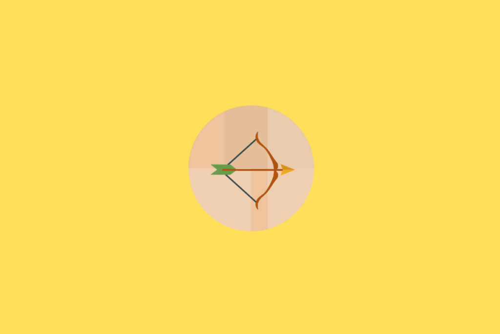 Símbolo do signo de Sagitário representado por um arco marrom-alaranjado com uma flecha posicionada horizontalmente, apontando para a direita. A flecha apresenta haste alaranjada, ponta amarelo-dourada e penas verdes na extremidade esquerda. O desenho está centralizado em um círculo bege-claro, com divisões sutis em tons de pêssego. O fundo externo é amarelo-claro intenso e uniforme.