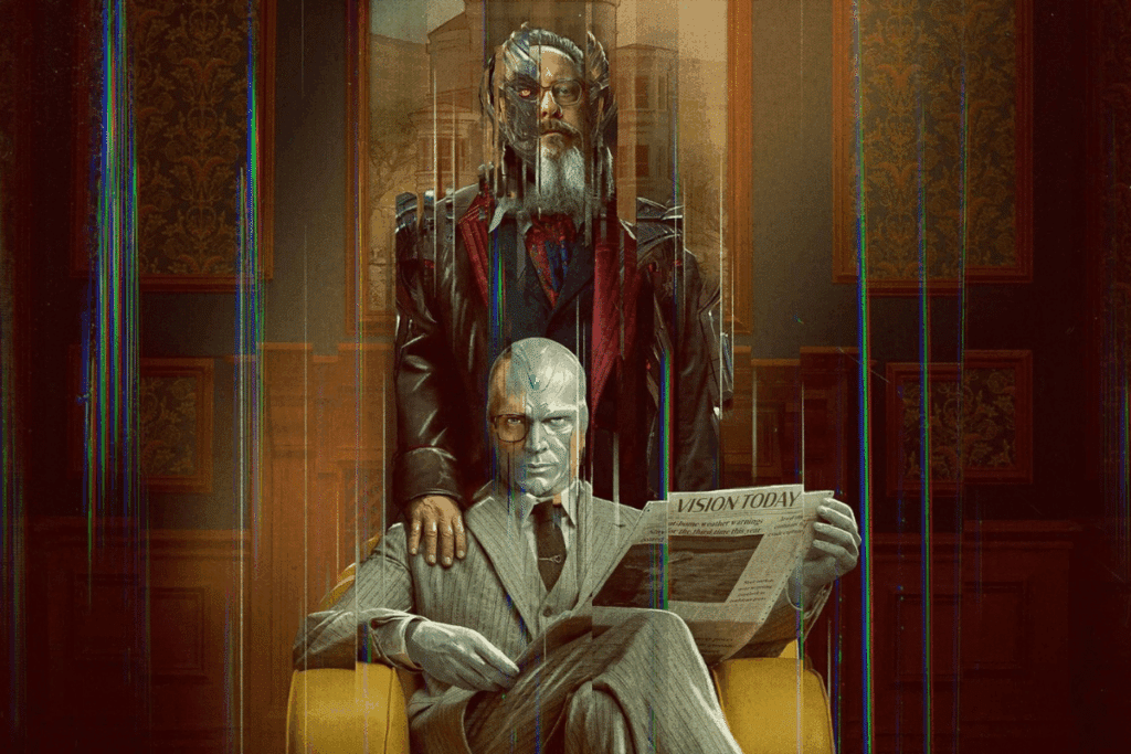 Uma imagem em estilo de ilustração mostra dois personagens em um ambiente clássico. Um deles está sentado em uma poltrona e segura um jornal, enquanto outro, de aparência robótica, permanece atrás dele.
