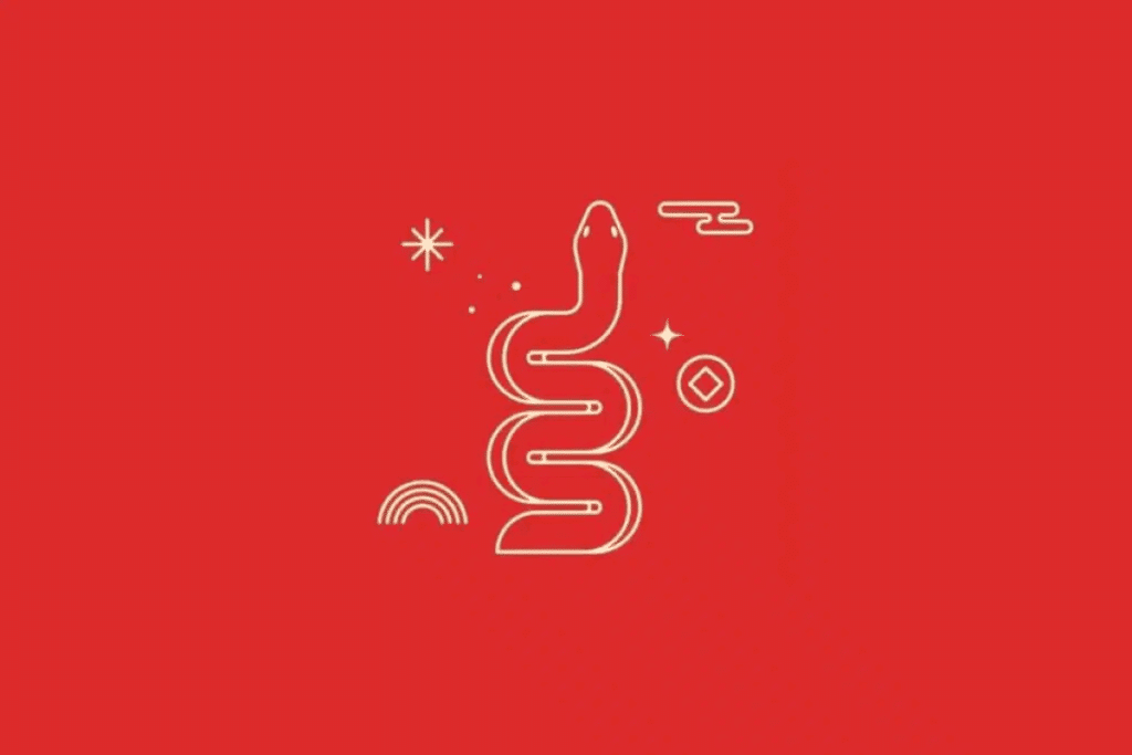 Ilustração minimalista de uma serpente com o corpo enrolado em curvas, desenhada com linhas finas em tom creme sobre um fundo vermelho. A cabeça está erguida, com pequenos olhos e formato arredondado. Estrelas, círculos e outros símbolos geométricos decoram o espaço ao redor.