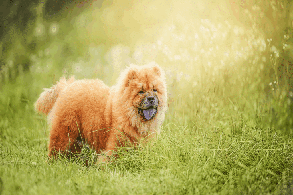 Imagem de um cachorro da raça chow chow parado em um local com um matagal baixo 
