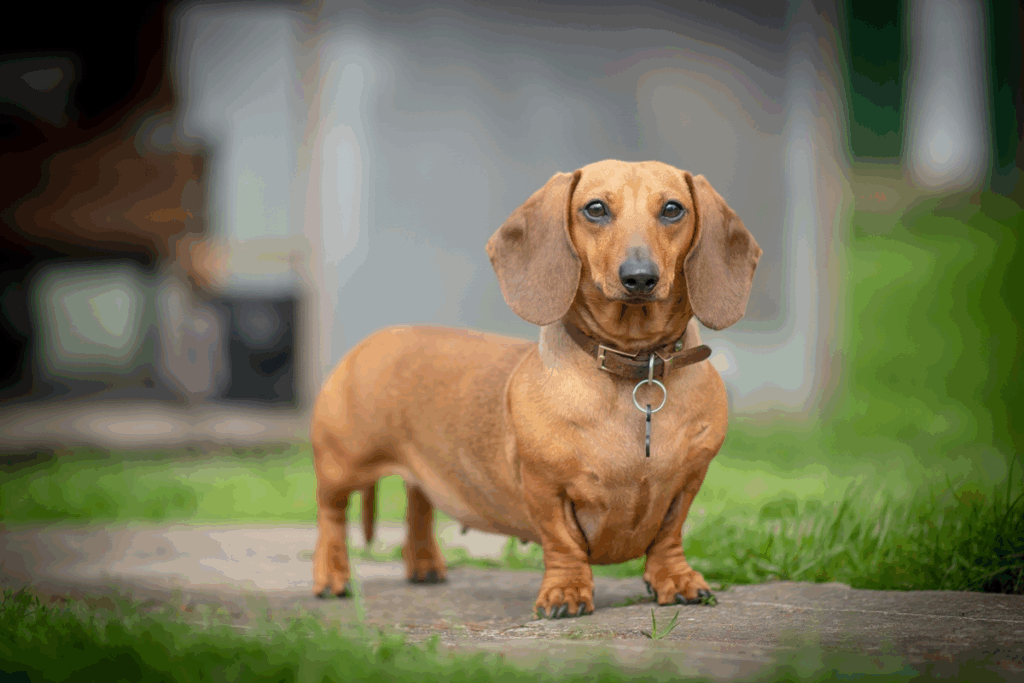 Imagem de um cachorro da raça  dachshund ao ar livre 