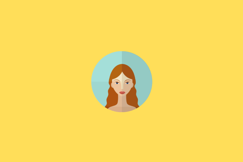 Símbolo do signo de Virgem representado pelo rosto e pelos ombros de uma mulher vista de frente. Ela tem pele clara, cabelos longos ruivos em tom castanho-avermelhado, repartidos ao centro e com ondas nas pontas, além de olhos claros e lábios rosados. A figura aparece sobre um círculo azul-claro esverdeado, dividido em áreas de diferentes tonalidades. O fundo externo é amarelo-claro intenso e uniforme.